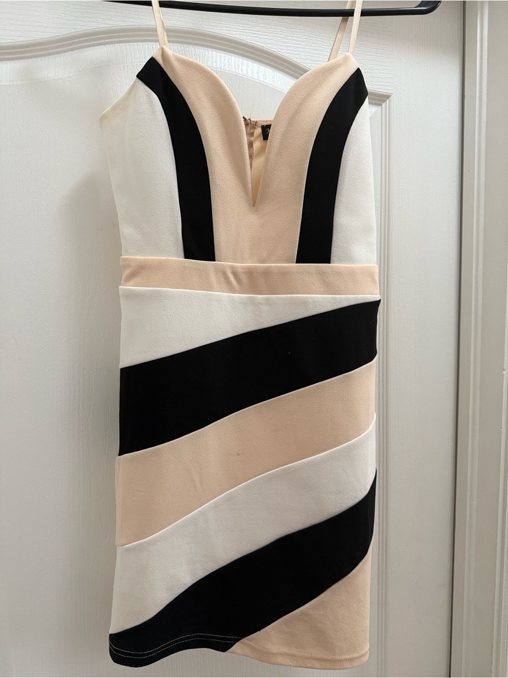 Striped Colorblock V-Neck Mini Dress in Black, White & Beige